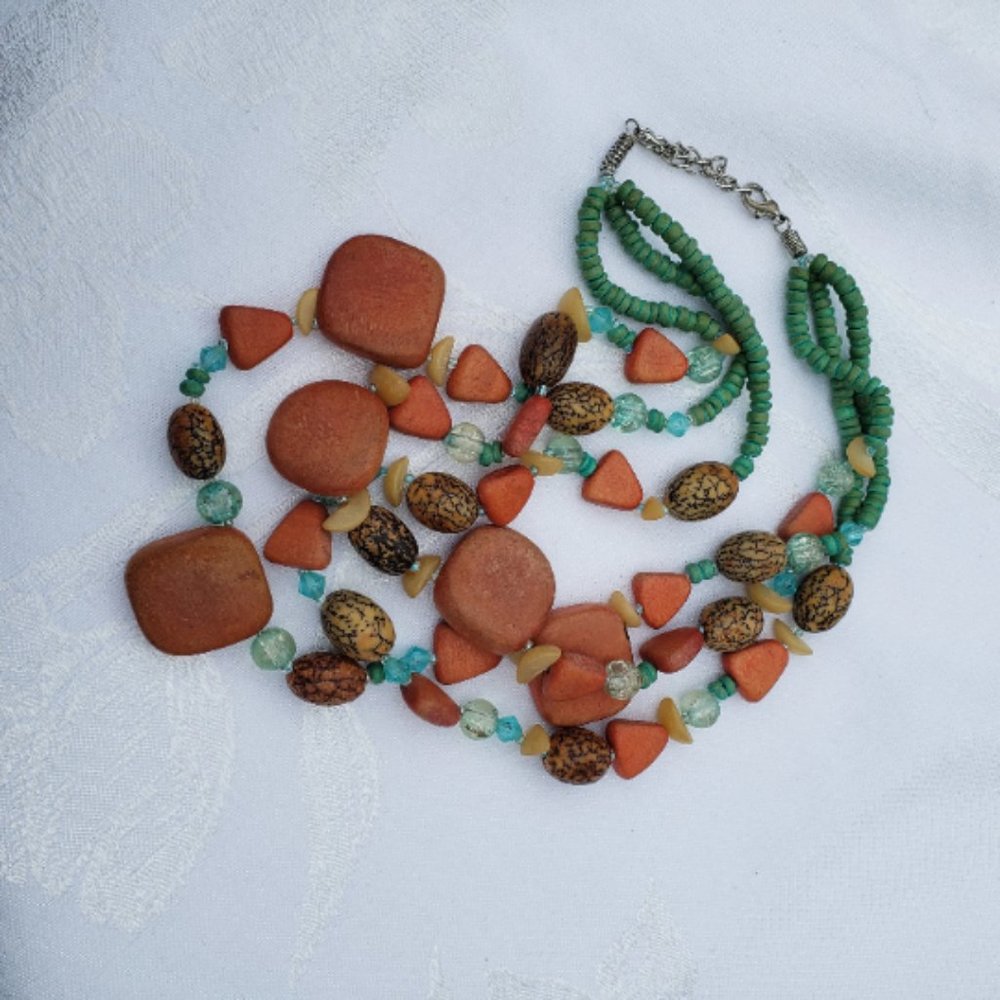 Chunky Southwestern Necklace,  Vintage Beaded 3 Strand Jewelry